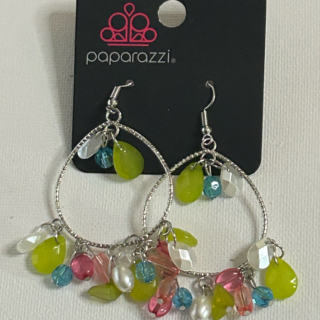 Paparazzi Silver Hoops With Pink, Green, And Blue Beads